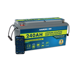 Hardkorr 240Ah 12V lithium battery beside a phone displaying the Bluetooth monitoring app.