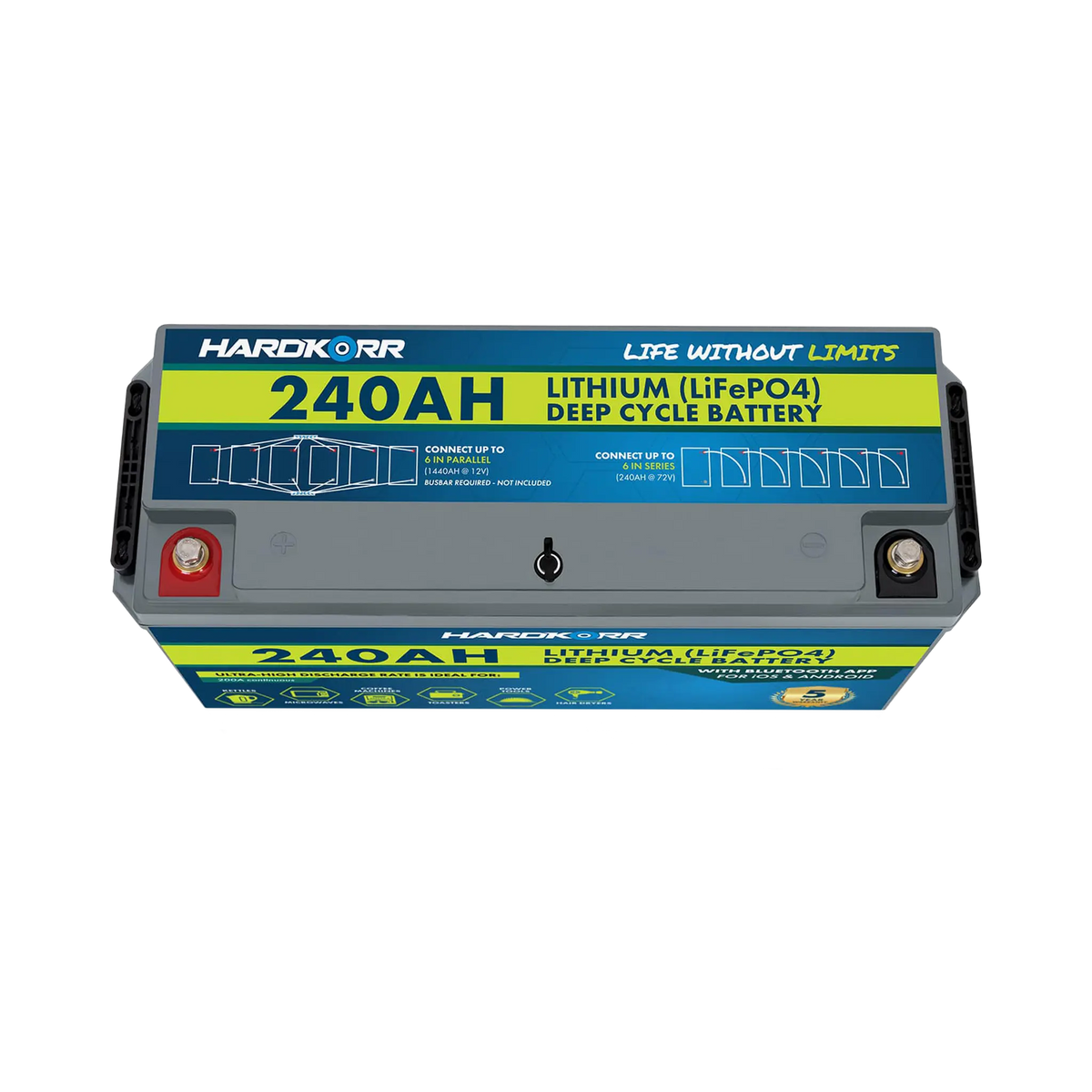 Hardkorr 240Ah 12V lithium battery top view with positive and negative terminals and a blue and yellow label.