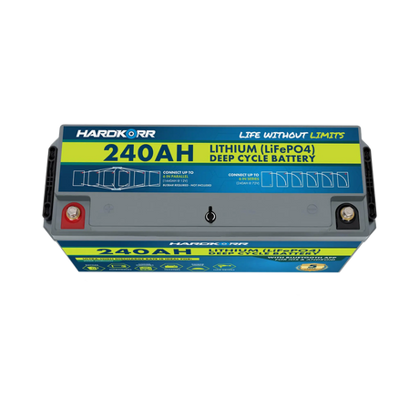 Hardkorr 240Ah 12V lithium battery top view with positive and negative terminals and a blue and yellow label.
