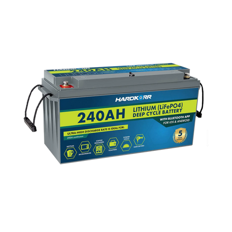 Hardkorr 240Ah 12V lithium battery front left view with carrying handles and the labelled grey case.