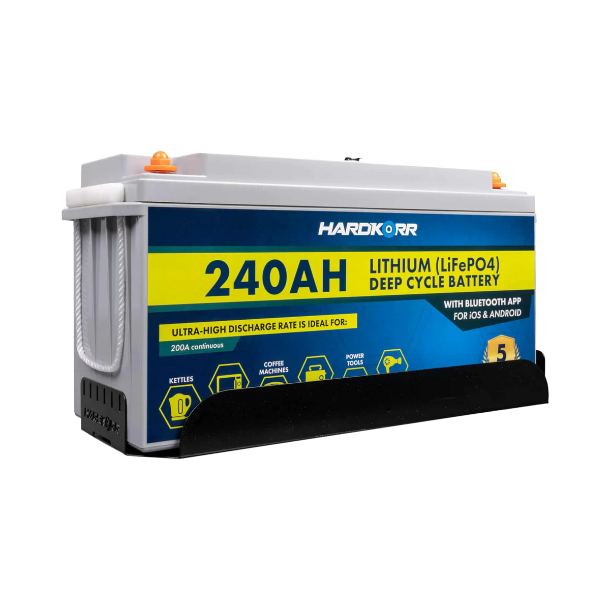 Hardkorr 240Ah lithium battery fitted in the tray with the front retaining panel visible.
