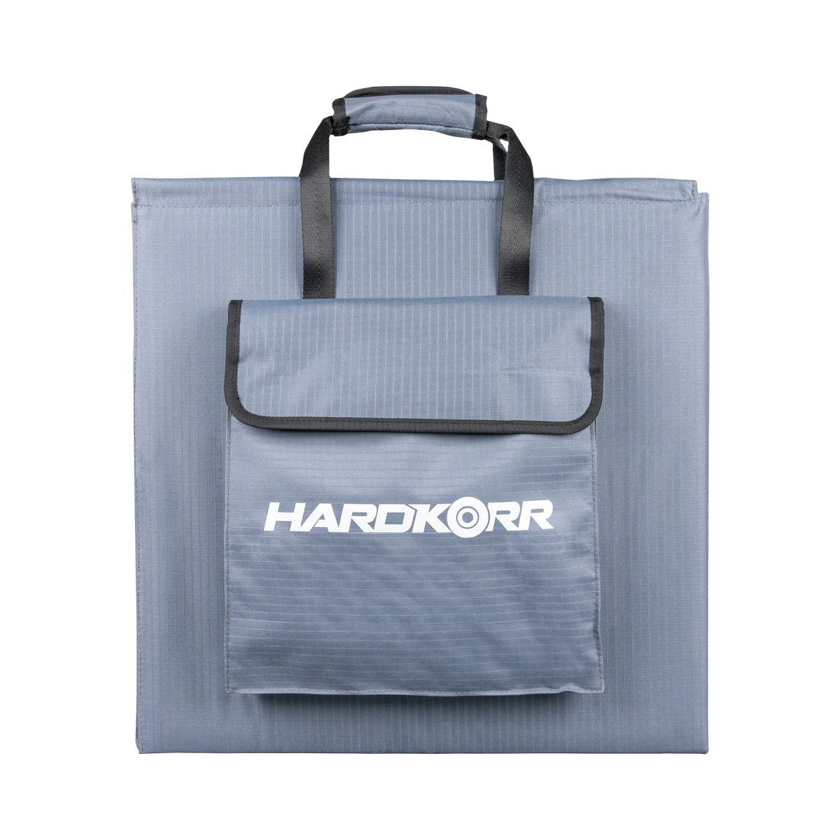 Hardkorr 250W 12V portable solar blanket folded with carry handles and a front storage pouch.