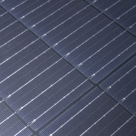 Hardkorr 250W 12V portable solar blanket solar cells viewed close up.