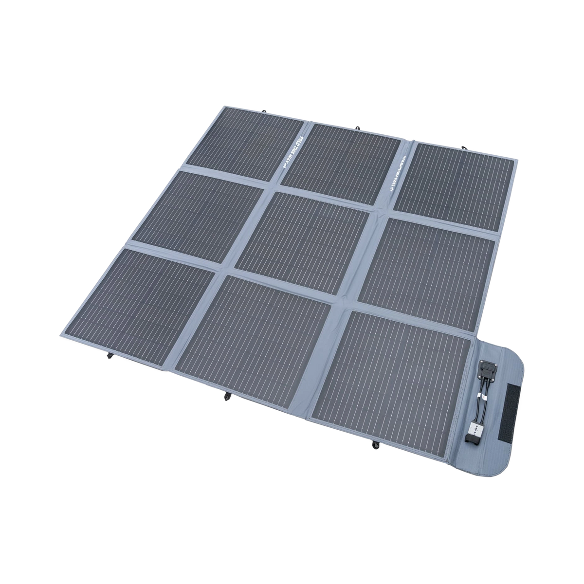 Hardkorr 250W 12V portable solar blanket unfolded with solar cells and a grey fabric border.