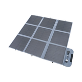 Hardkorr 250W 12V portable solar blanket unfolded with solar cells and a grey fabric border.