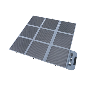 Hardkorr 250W 12V portable solar blanket unfolded with solar cells and a grey fabric border.