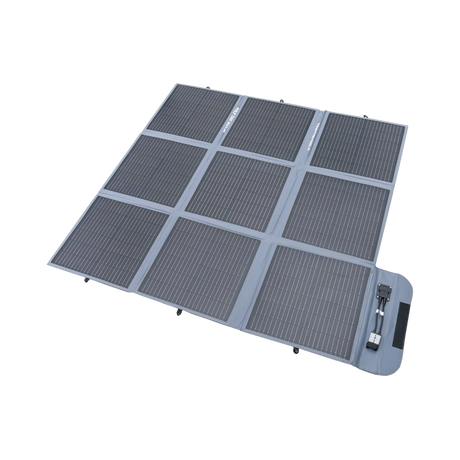 Hardkorr 250W 12V portable solar blanket unfolded with solar cells and a grey fabric border.