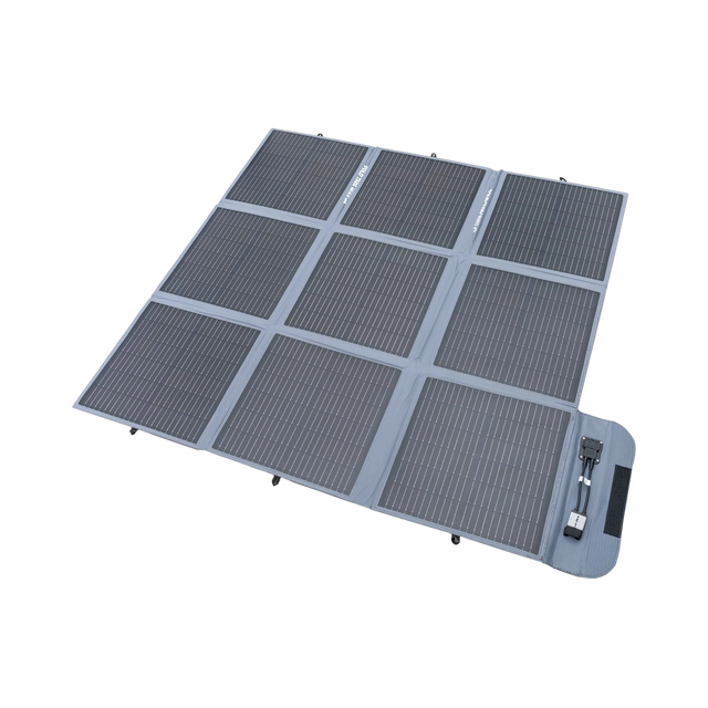 Hardkorr 250W 12V portable solar blanket unfolded with solar cells and a grey fabric border.