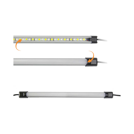 Hardkorr 25cm LED light bar with its diffuser fitted and removed above a full length view.