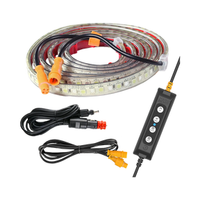 Hardkorr 2m LED tape light coiled beside a dimmer, cables and power plug.