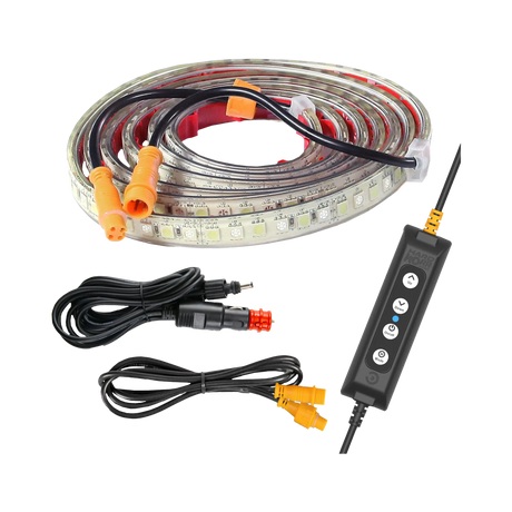 Hardkorr 2m LED tape light coiled beside a dimmer, cables and power plug.