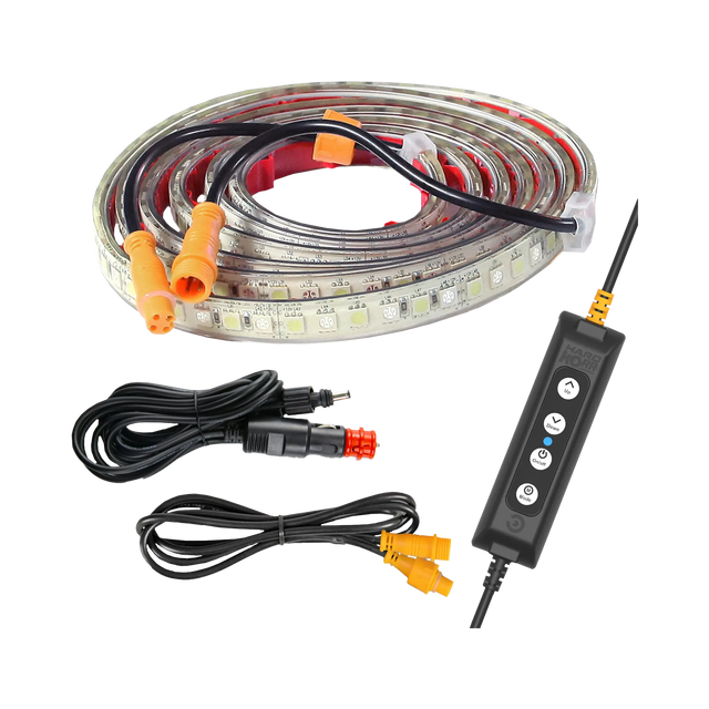 Hardkorr 2m LED tape light coiled beside a dimmer, cables and power plug.