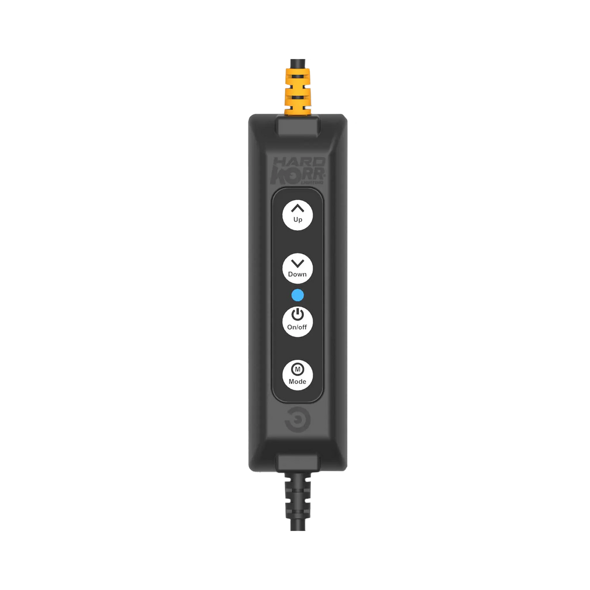 Hardkorr push button dimmer for LED camp lights front view with four buttons and a blue indicator.