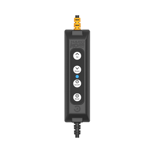 Hardkorr push button dimmer for LED camp lights front view with four buttons and a blue indicator.