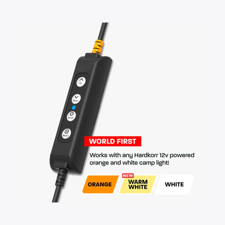 Hardkorr push button dimmer colour guide with orange, warm white and white lighting options.