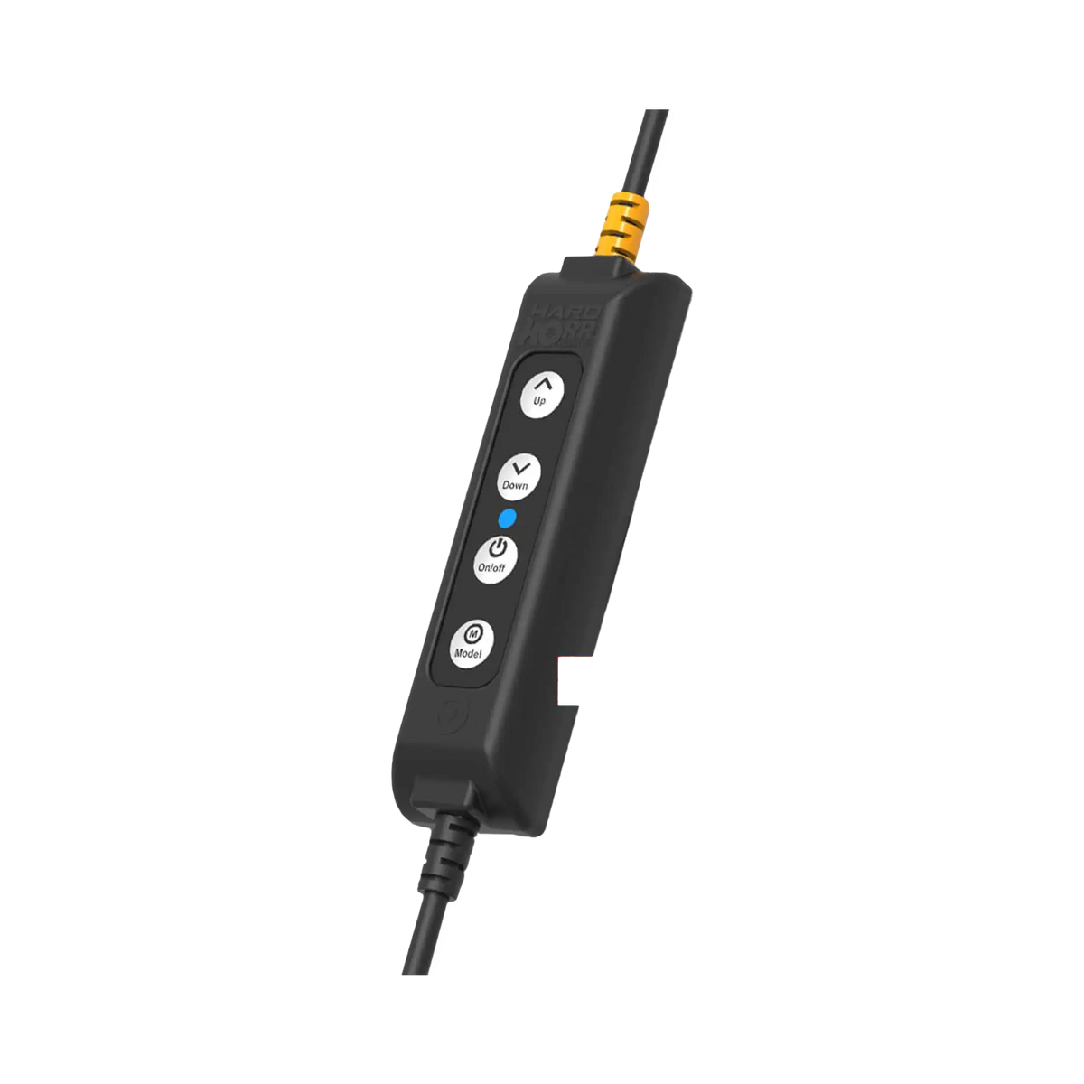 Hardkorr push button dimmer for LED camp lights in a front right view with cables at both ends.