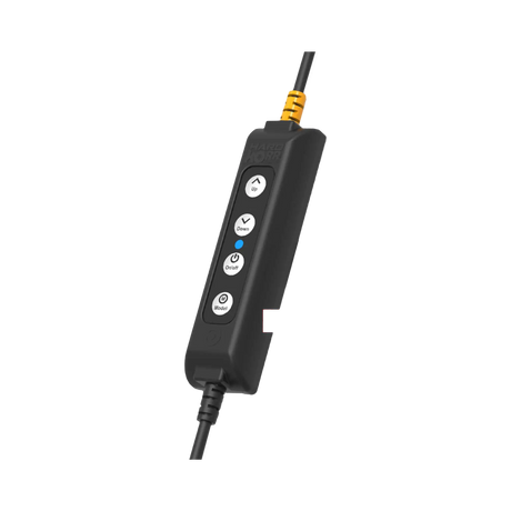 Hardkorr push button dimmer for LED camp lights in a front right view with cables at both ends.