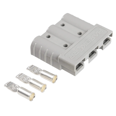 Hardkorr 3 Pin 50A grey Anderson plug body with three loose metal contacts.