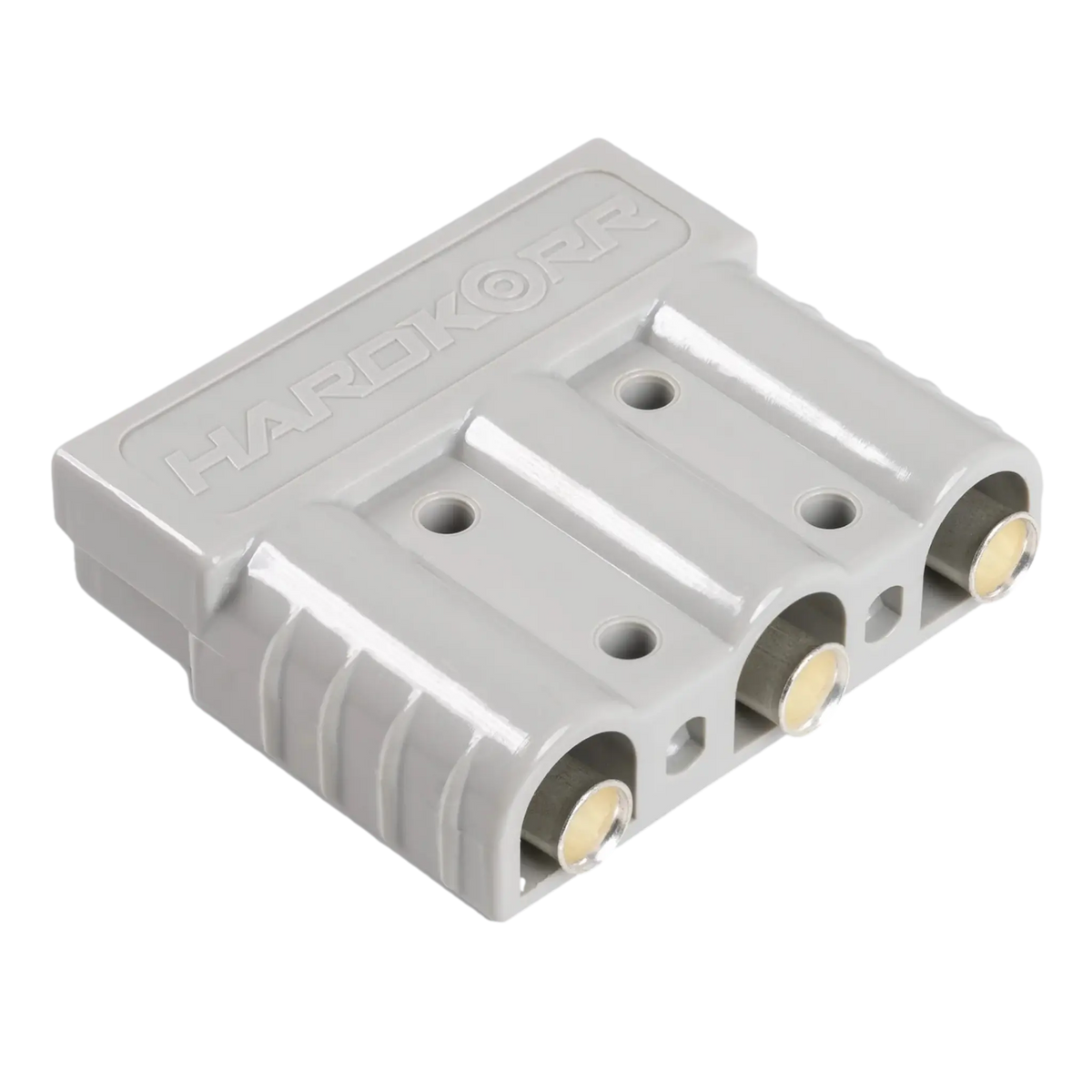 Hardkorr 3 Pin 50A grey Anderson plug angled view with three circular connector openings.