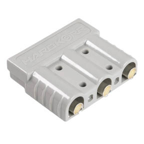 Hardkorr 3 Pin 50A grey Anderson plug angled view with three circular connector openings.