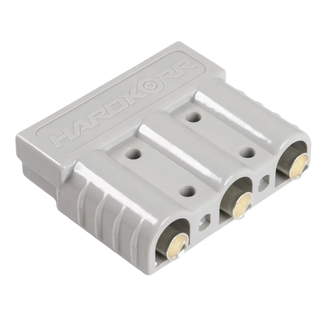 Hardkorr 3 Pin 50A grey Anderson plug angled view with three circular connector openings.
