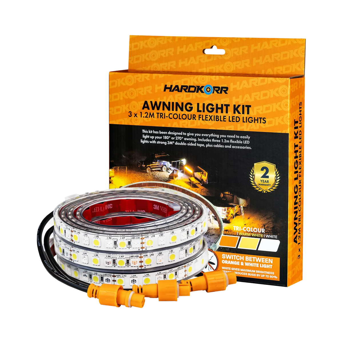 Hardkorr 3 strip LED awning light kit with coiled light strips and orange connectors beside the packaging.