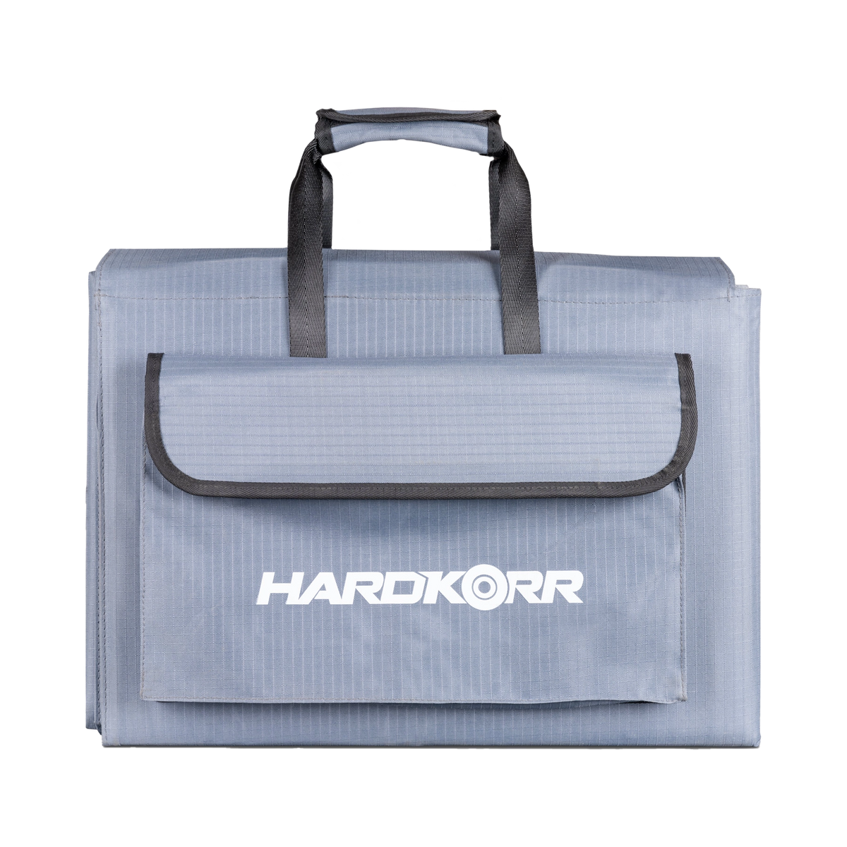 Hardkorr 300W 12V portable solar blanket folded with carry handles and a front storage pouch.