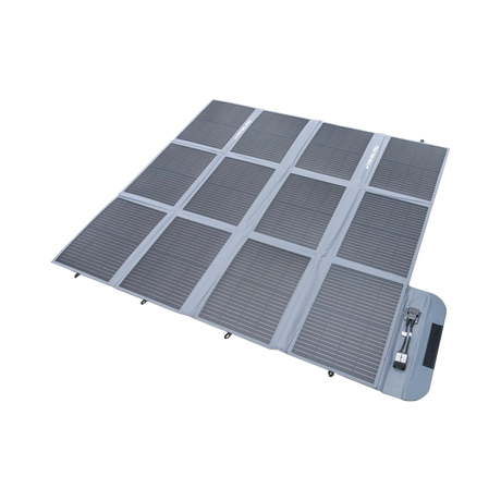 Hardkorr 300W 12V portable solar blanket unfolded with solar cells and a grey fabric border.