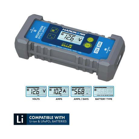 Hardkorr 30A PWM smart solar regulator with examples of voltage, current and charging readings on its LCD.