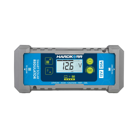 Hardkorr 30A PWM smart solar regulator straight front view showing the LCD, battery symbols and control buttons.