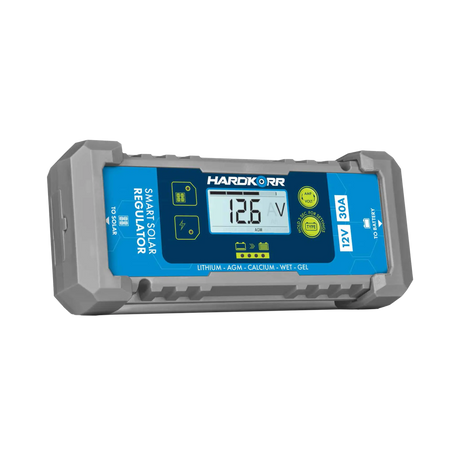 Hardkorr 30A PWM smart solar regulator front angled view with an LCD screen and two green buttons.
