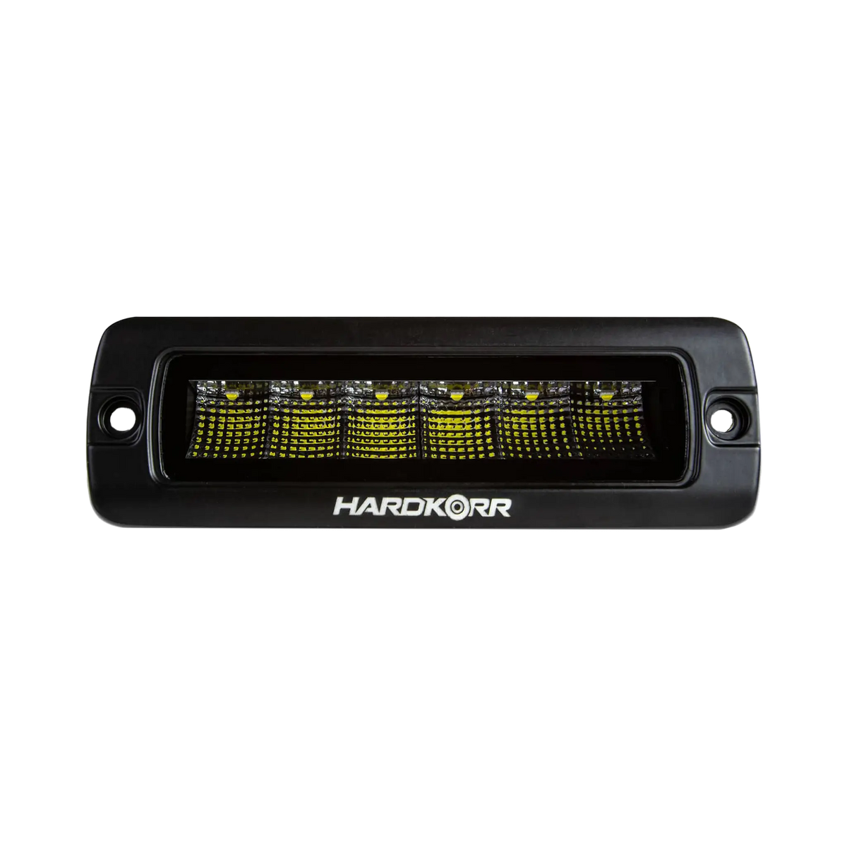 Hardkorr 30W XDW flush mount LED work light straight front view with LED reflectors behind the rectangular lens.