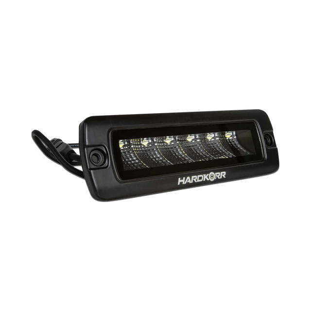 Hardkorr 30W XDW flush mount LED work light front angled view with a clear lens and mounting holes in the bezel.