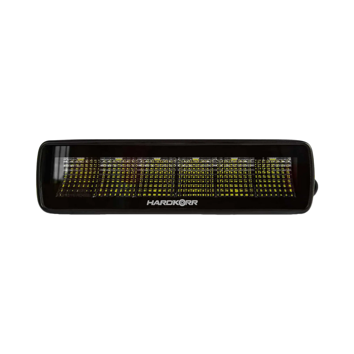 Hardkorr 30W XDW slimline LED work light straight front view with LED reflectors inside a black frame.