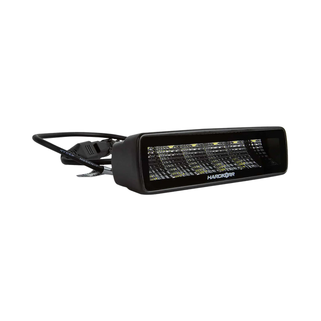 Hardkorr 30W XDW slimline LED work light front angled view with a narrow rectangular lens and cable behind.
