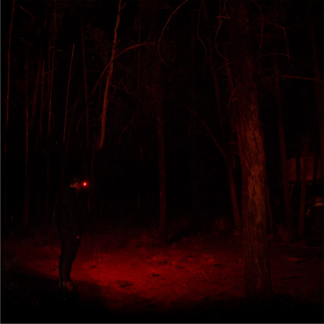 Hardkorr 335 lumen headtorch casting red light across the ground and trees at night.