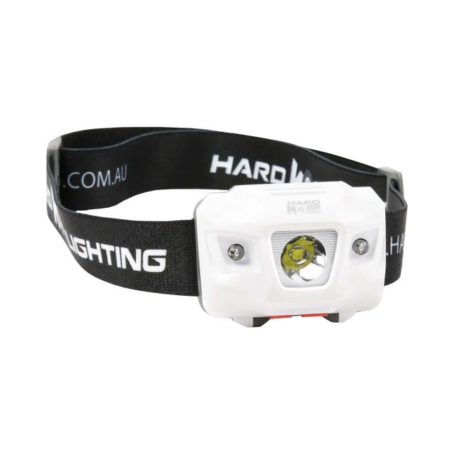 Hardkorr 335 lumen headtorch with a white housing, central reflector and black headband.