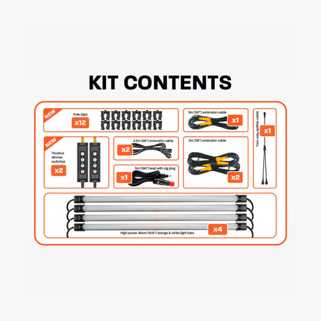 Hardkorr 4 bar LED camp light kit contents diagram listing light bars, dimmers, mounting clips and cables.