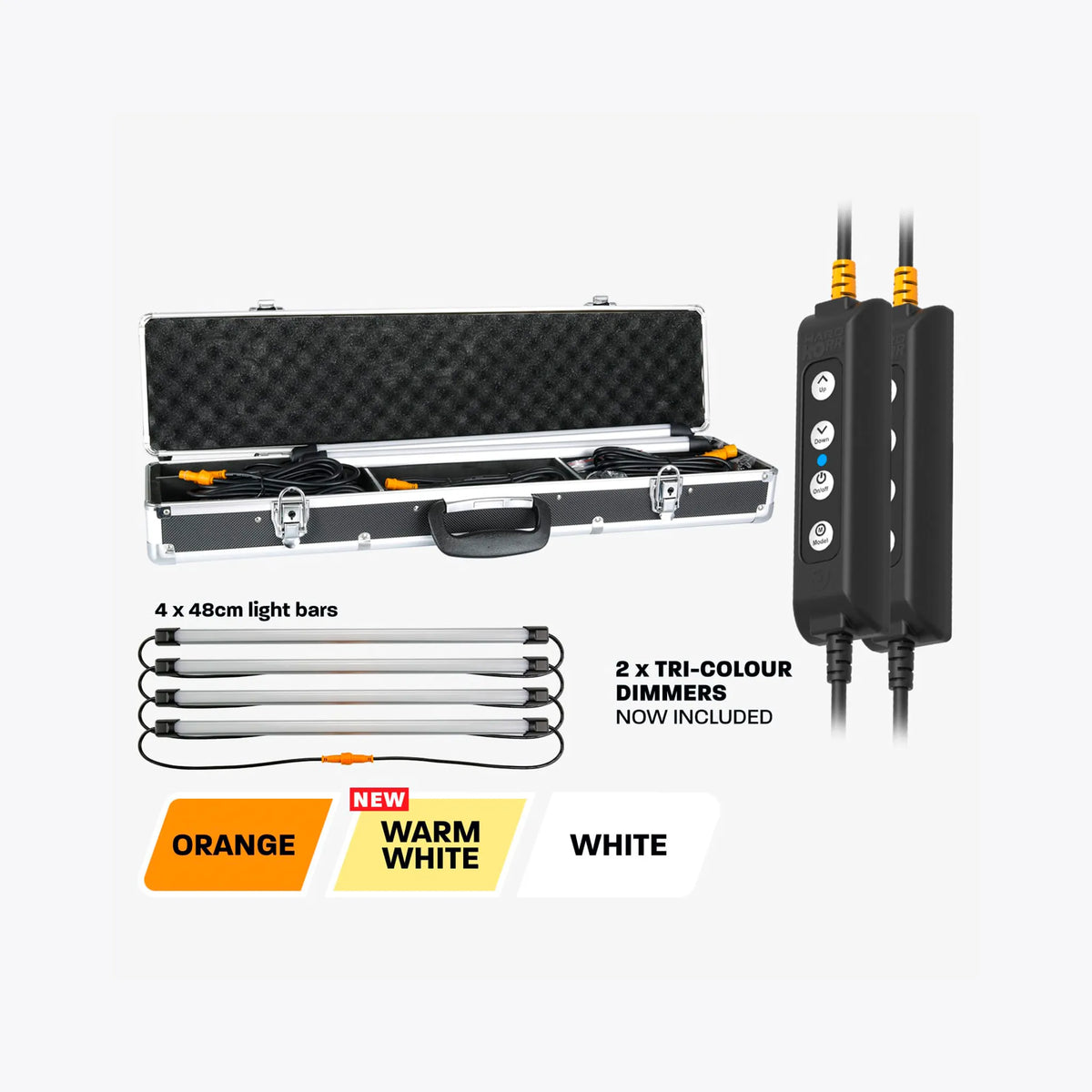 Hardkorr 4 bar LED camp light kit colour guide with two dimmers and orange, warm white and white options.