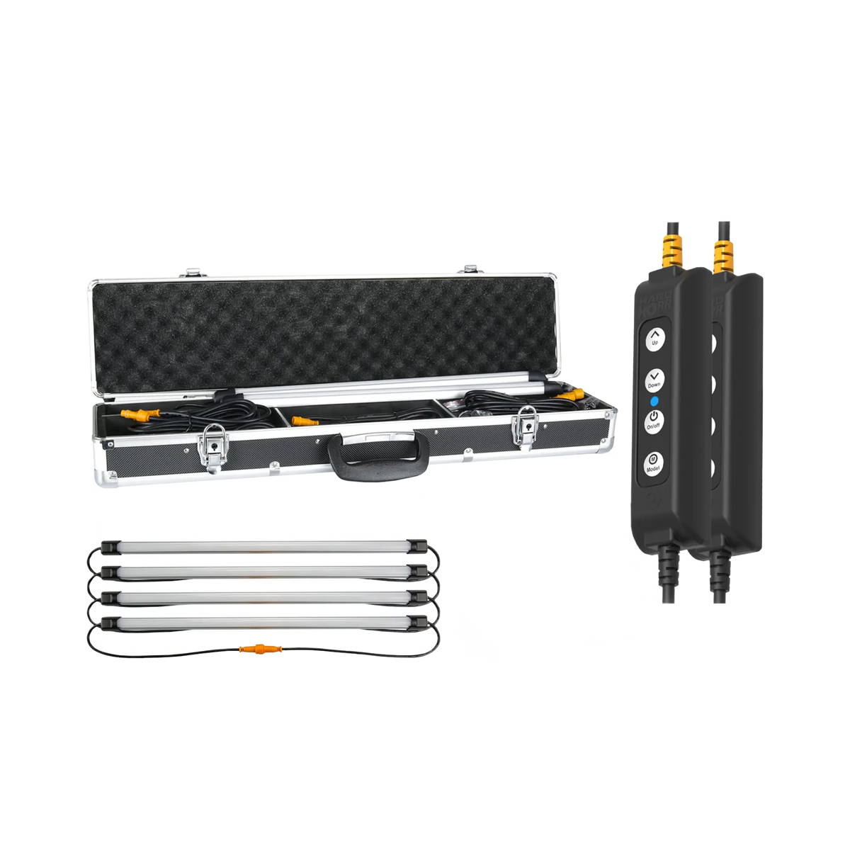 Hardkorr 4 bar LED camp light kit with an open carry case, four light bars and two dimmers.