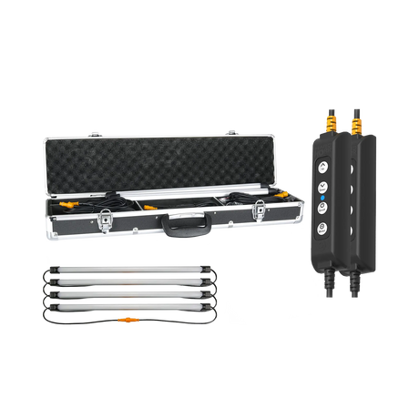 Hardkorr 4 bar LED camp light kit with an open carry case, four light bars and two dimmers.