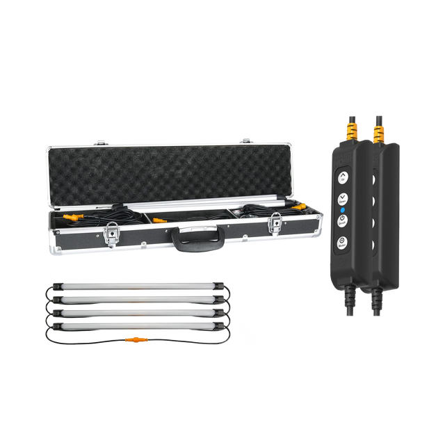 Hardkorr 4 bar LED camp light kit with an open carry case, four light bars and two dimmers.
