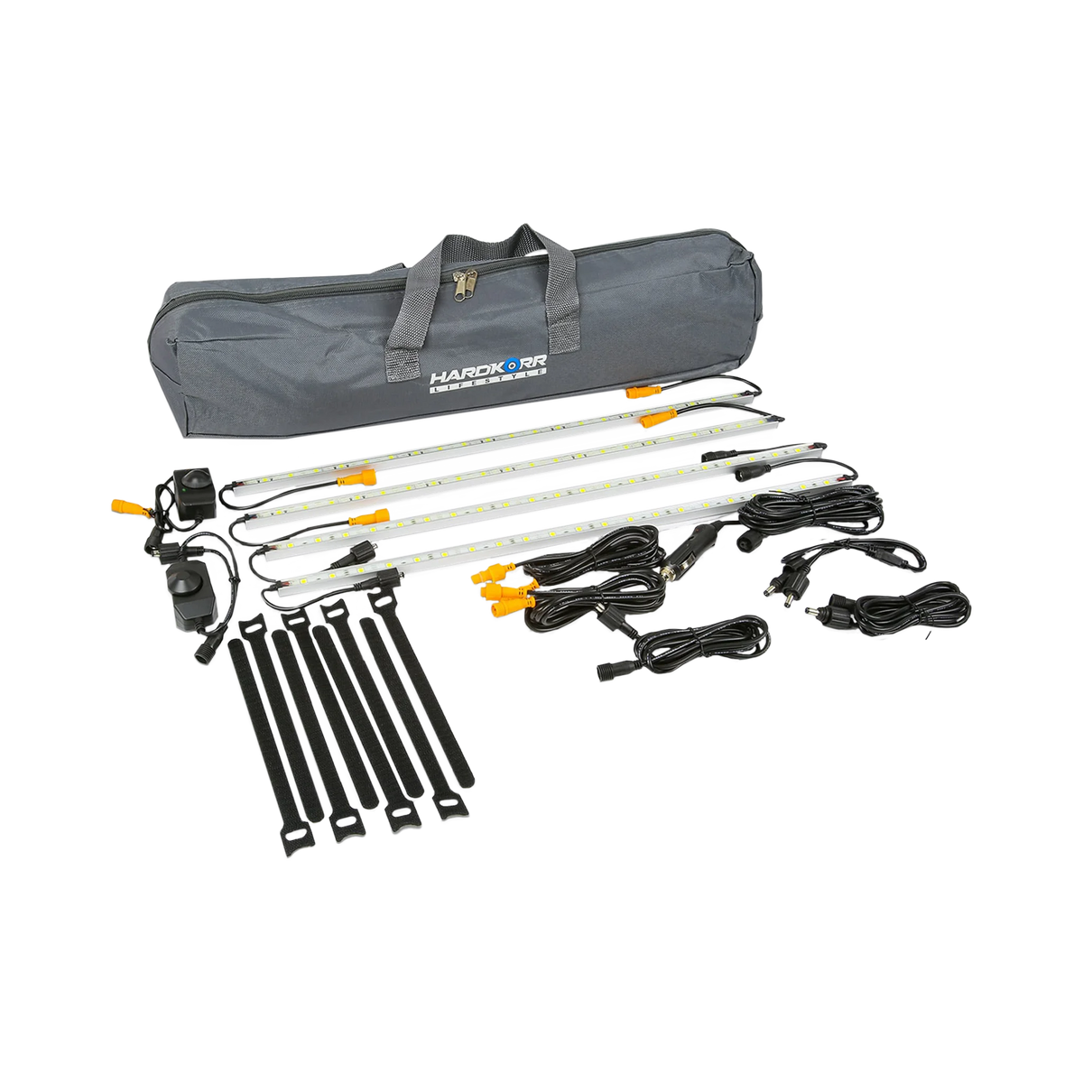 Hardkorr 4 bar orange and white LED camp light kit with light bars, dimmers, cables, straps and a grey carry bag.