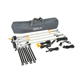 Hardkorr 4 bar orange and white LED camp light kit with light bars, dimmers, cables, straps and a grey carry bag.