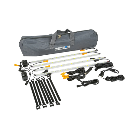 Hardkorr 4 bar orange and white LED camp light kit with light bars, dimmers, cables, straps and a grey carry bag.