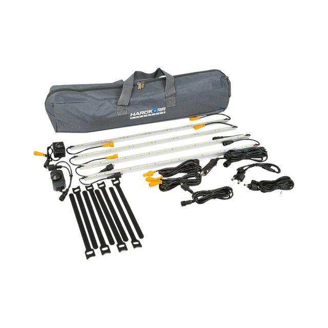 Hardkorr 4 bar orange and white LED camp light kit with light bars, dimmers, cables, straps and a grey carry bag.