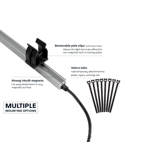 Hardkorr 4 bar LED camp light kit mounting guide with pole clips, magnets and hook and loop straps.