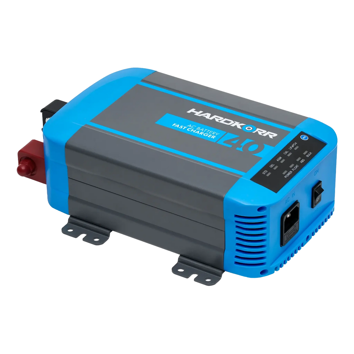 Hardkorr 40A 12V 3-stage AC battery charger angled view with AC input, power switch, and vents.