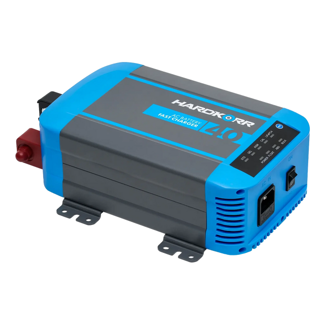 Hardkorr 40A 12V 3-stage AC battery charger angled view with AC input, power switch, and vents.