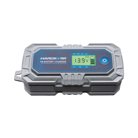 Hardkorr 4A 240V AC battery charger low front view with LCD screen and ribbed casing.